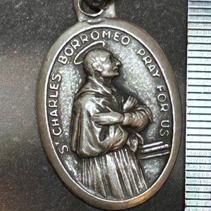 Vintage Old Silver Plate Saint Charles Borromeo Religious Medal Italy